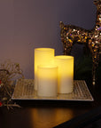 Set of Three Ivory Flameless Pillar Candles With Gold Holder
