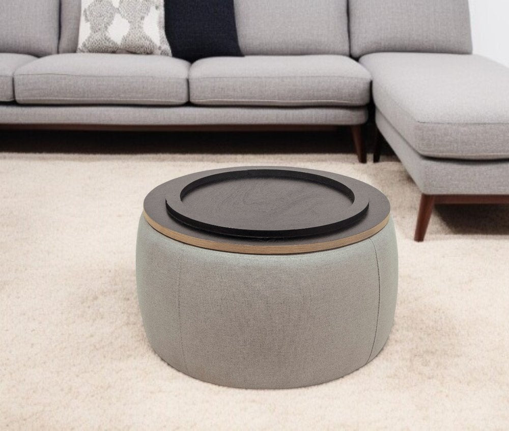 26" Light Gray And Natural Wood And Upholstery Round Ottoman With Storage
