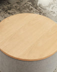 26" Light Gray And Natural Wood And Upholstery Round Ottoman With Storage