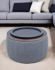 26" Dark Gray And Natural Wood And Upholstery Round Ottoman With Storage