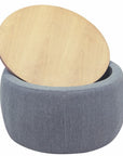 26" Dark Gray And Natural Wood And Upholstery Round Ottoman With Storage