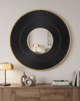 32" Black And Gold Round Wood And Metal Framed Accent Mirror