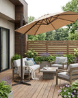 10' Tan Polyester Square Tilt Cantilever Patio Umbrella with Stand