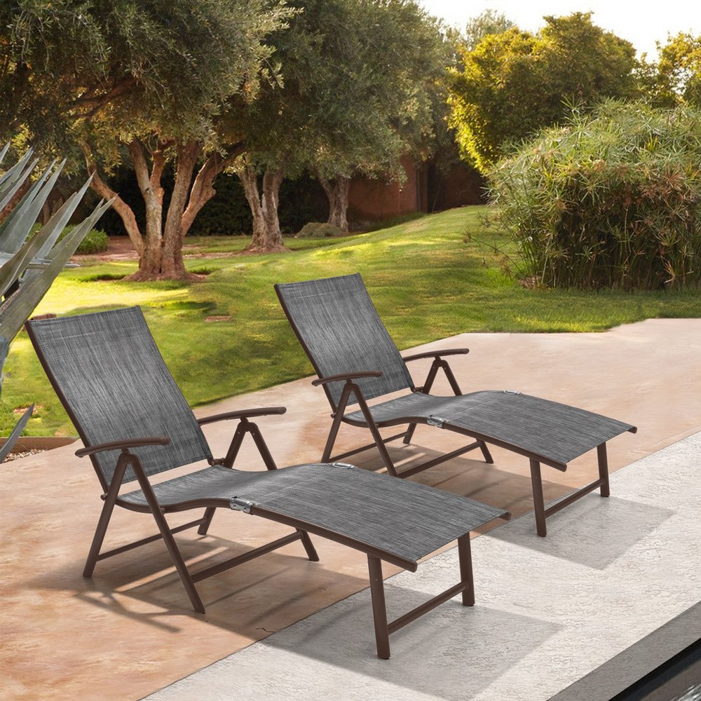 Set of Two Gray Aluminum Eight Position Adjustable Sling Outdoor Folding Chaise Lounges