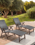 Set of Two Gray Aluminum Eight Position Adjustable Sling Outdoor Folding Chaise Lounges