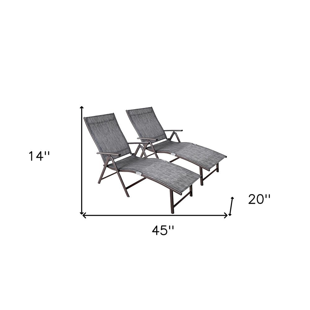 Set of Two Gray Aluminum Eight Position Adjustable Sling Outdoor Folding Chaise Lounges