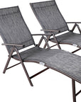 Set of Two Gray Aluminum Eight Position Adjustable Sling Outdoor Folding Chaise Lounges
