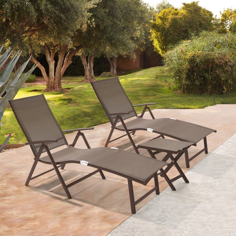 Set of Two Brown Aluminum Eight Position Adjustable Sling Outdoor Folding Chaise Lounges