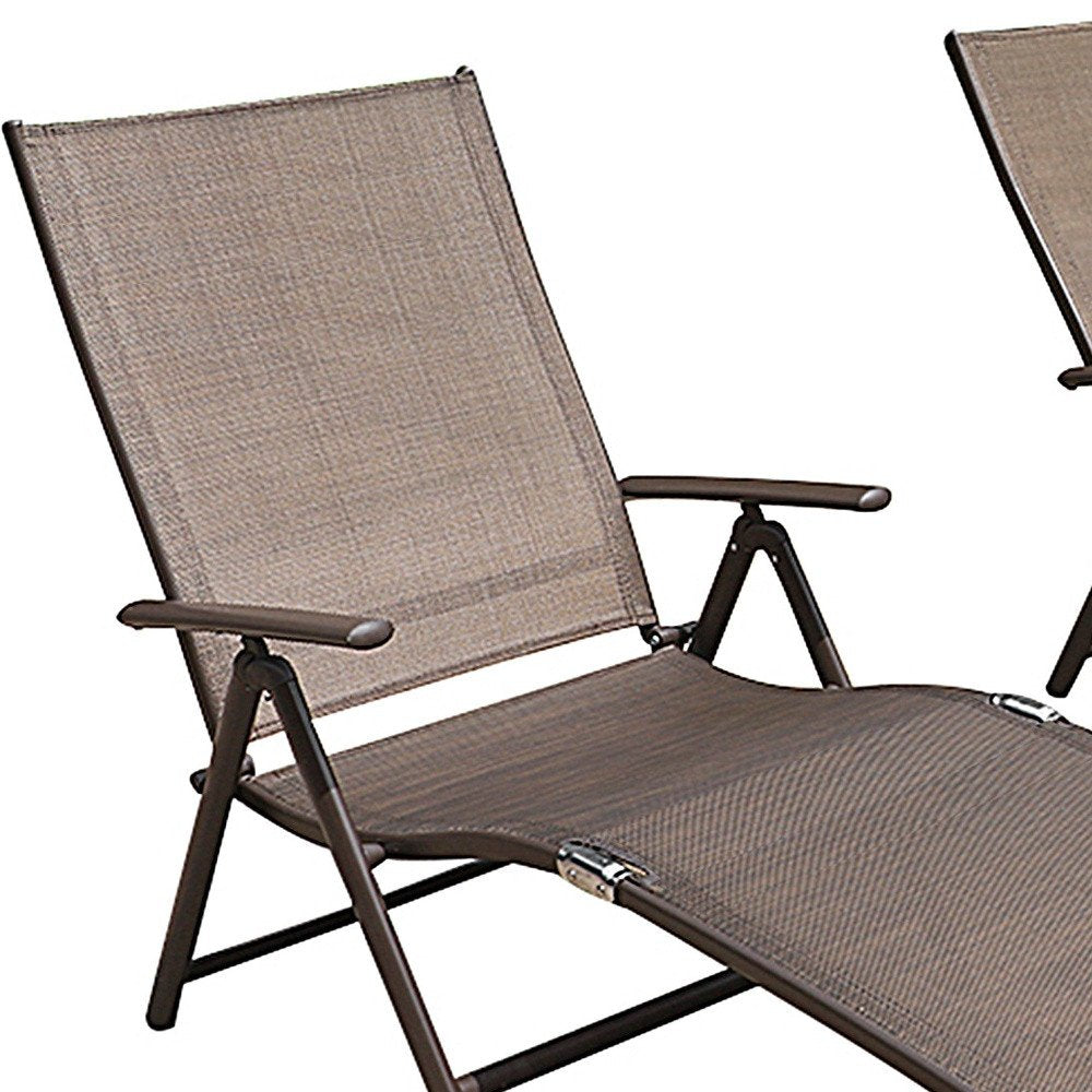 Set of Two Brown Aluminum Eight Position Adjustable Sling Outdoor Folding Chaise Lounges