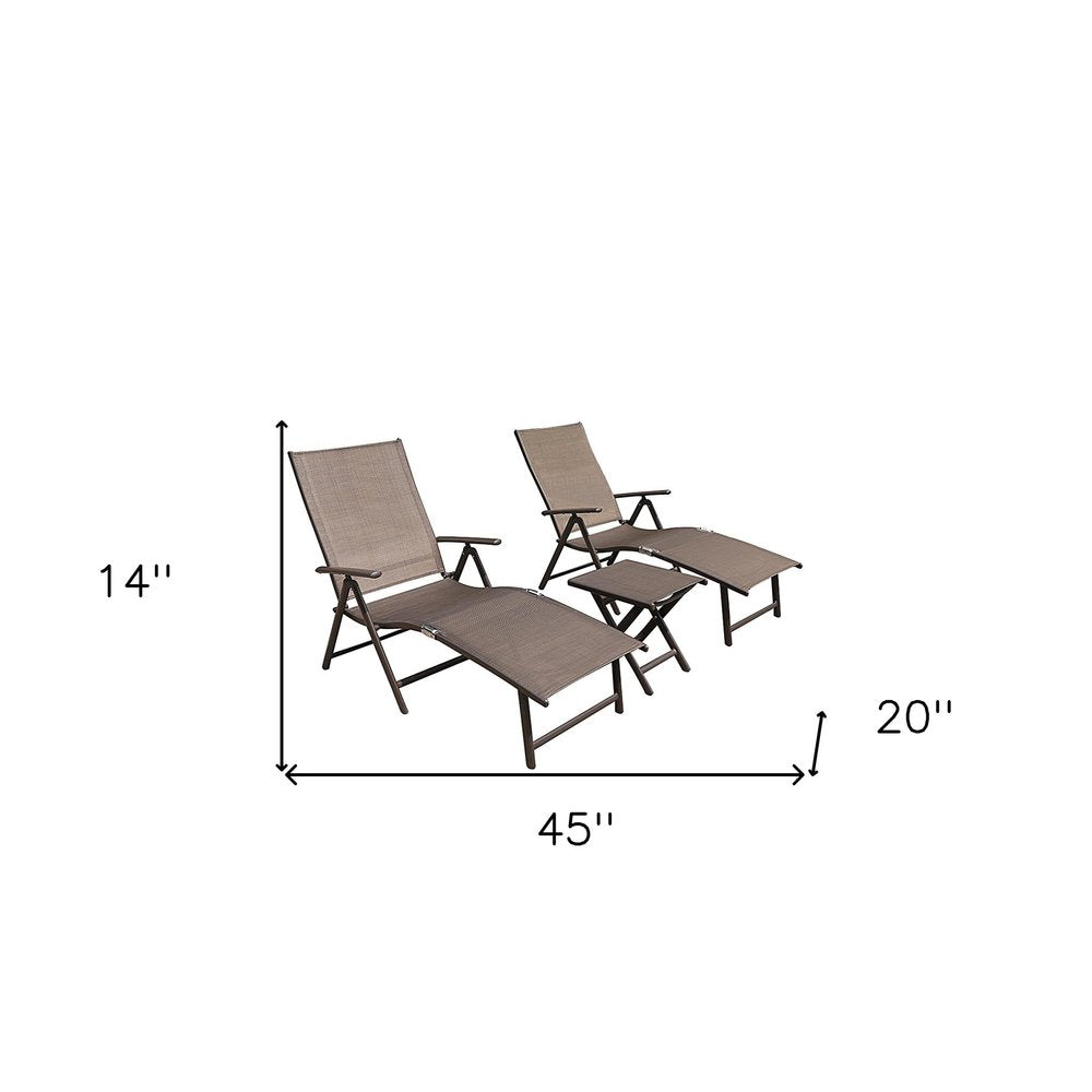 Set of Two Brown Aluminum Eight Position Adjustable Sling Outdoor Folding Chaise Lounges