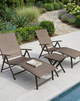 Set of Two Brown Aluminum Eight Position Adjustable Sling Outdoor Folding Chaise Lounges
