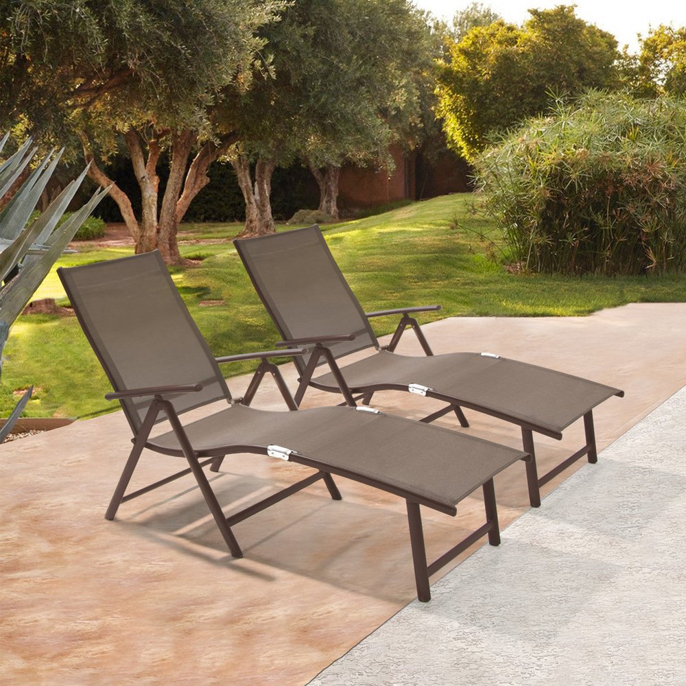 Set of Two Brown Aluminum Eight Position Adjustable Sling Outdoor Folding Chaise Lounges