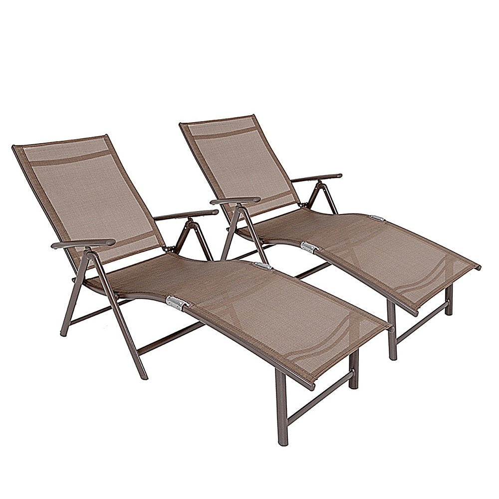 Set of Two Brown Aluminum Eight Position Adjustable Sling Outdoor Folding Chaise Lounges