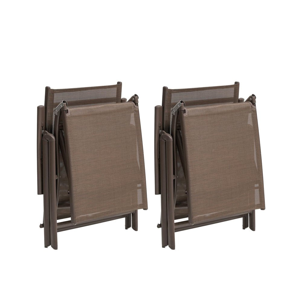 Set of Two Brown Aluminum Eight Position Adjustable Sling Outdoor Folding Chaise Lounges
