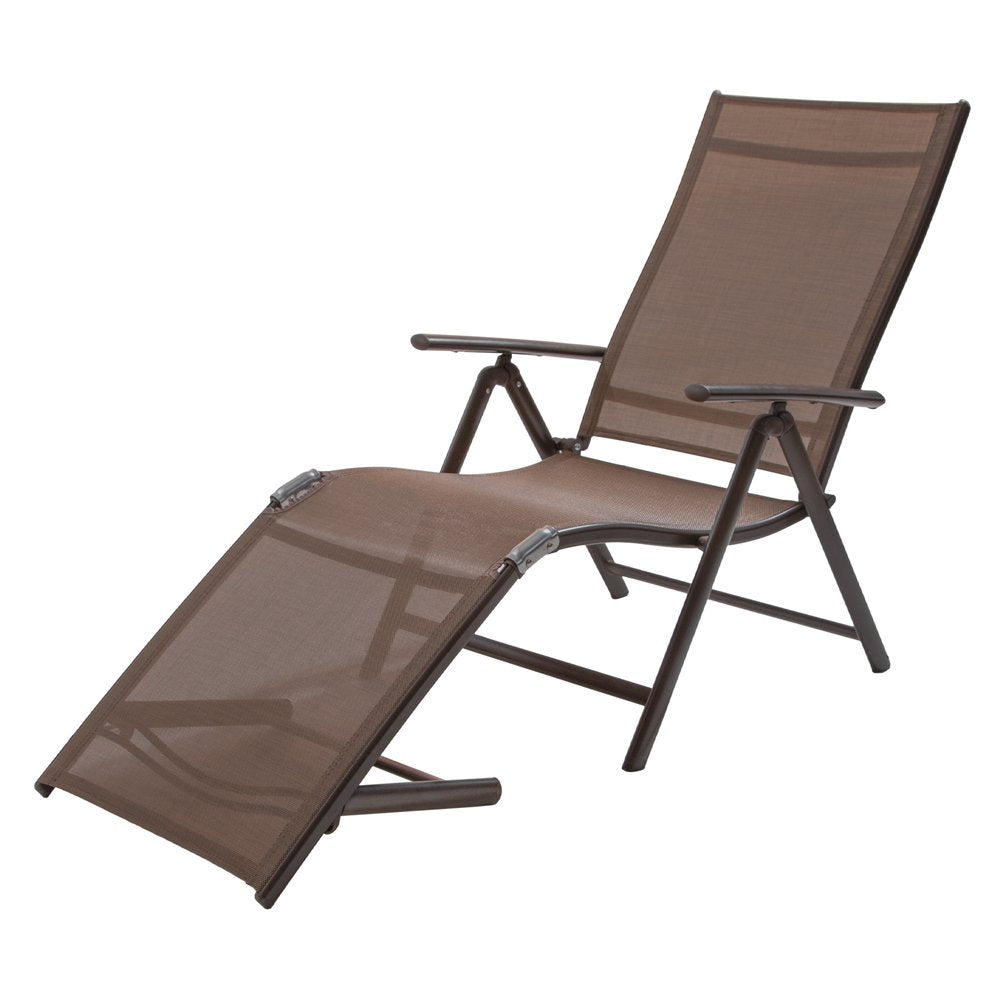 Set of Two Brown Aluminum Eight Position Adjustable Sling Outdoor Folding Chaise Lounges