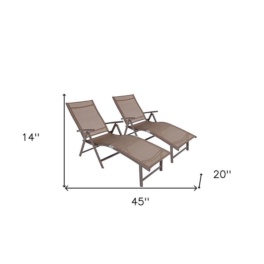 Set of Two Brown Aluminum Eight Position Adjustable Sling Outdoor Folding Chaise Lounges