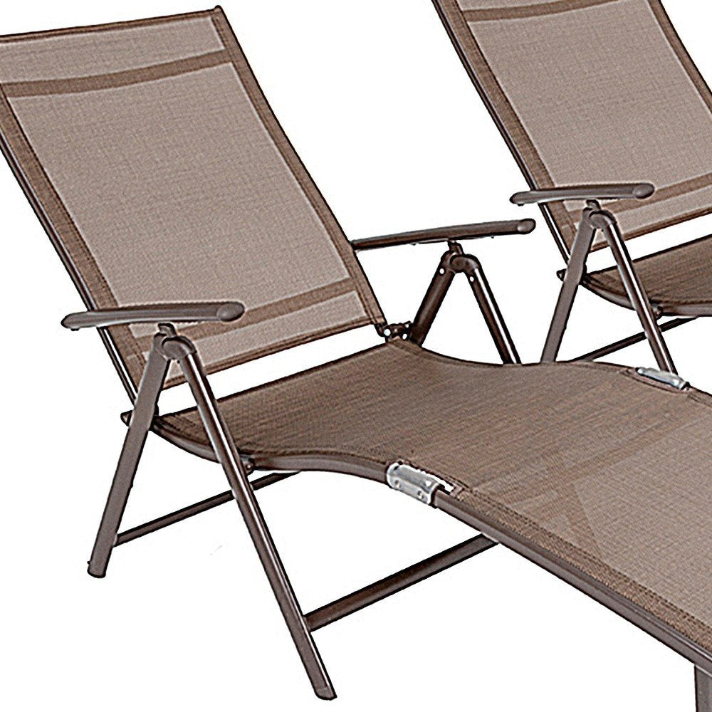 Set of Two Brown Aluminum Eight Position Adjustable Sling Outdoor Folding Chaise Lounges