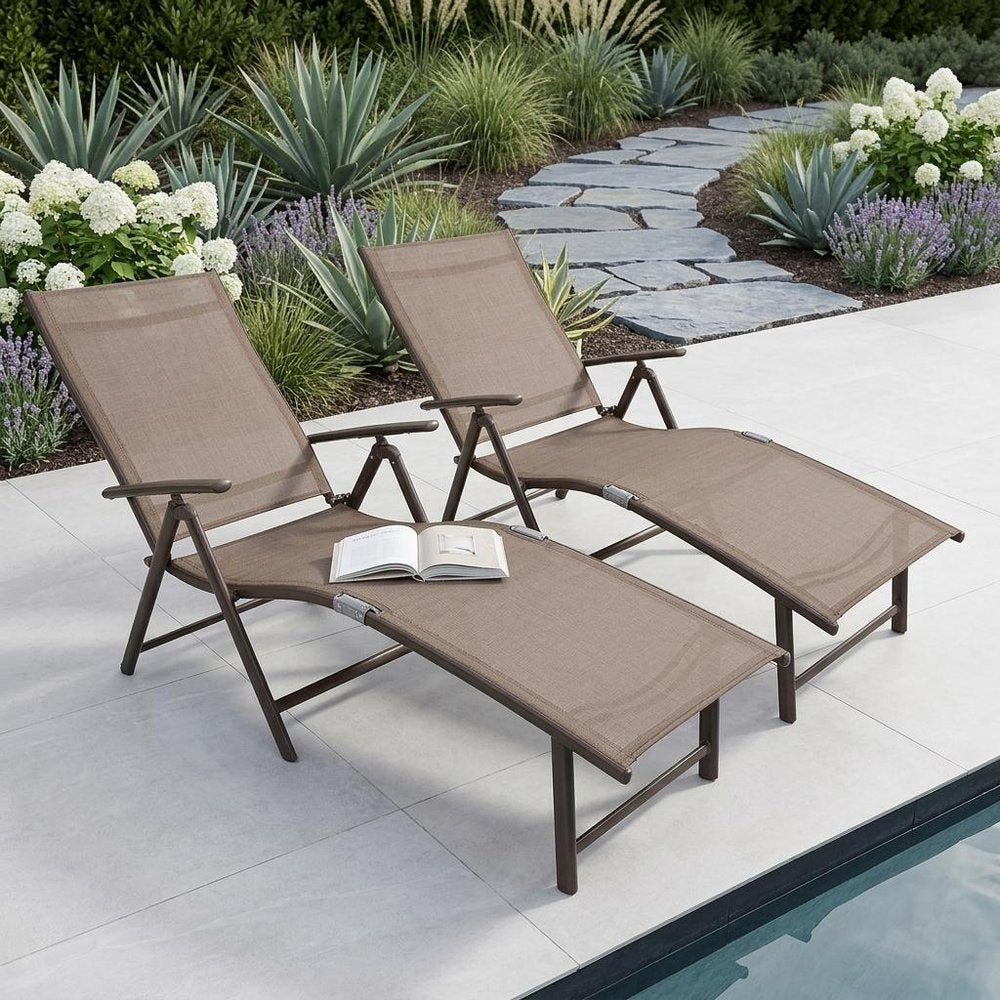 Set of Two Brown Aluminum Eight Position Adjustable Sling Outdoor Folding Chaise Lounges