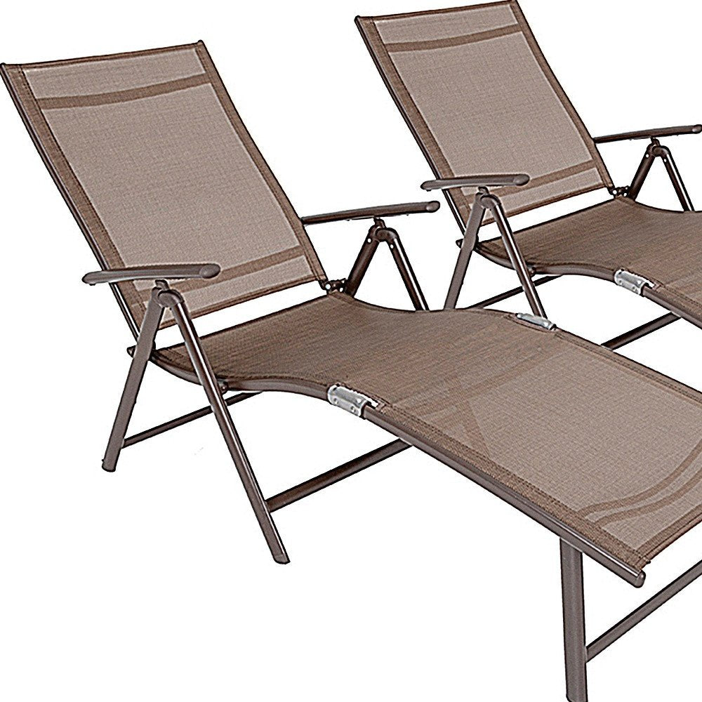 Set of Two Brown Aluminum Eight Position Adjustable Sling Outdoor Folding Chaise Lounges