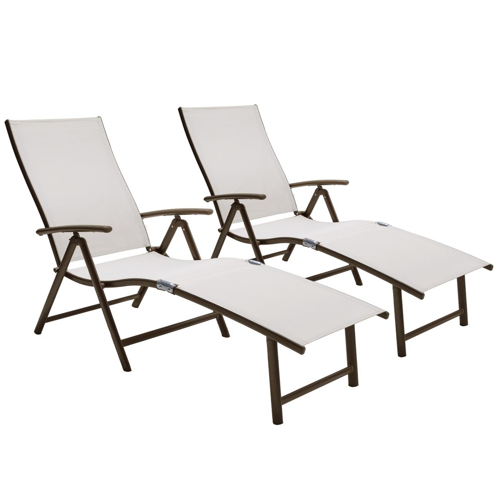 Set of Two Light Gray Aluminum Eight Position Adjustable Sling Outdoor Folding Chaise Lounges