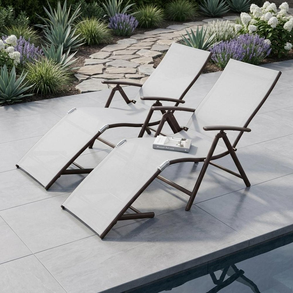 Set of Two Light Gray Aluminum Eight Position Adjustable Sling Outdoor Folding Chaise Lounges