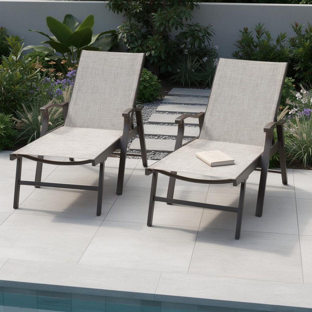 Set of Two Beige Aluminum Six Position Adjustable Outdoor Chaise Lounges