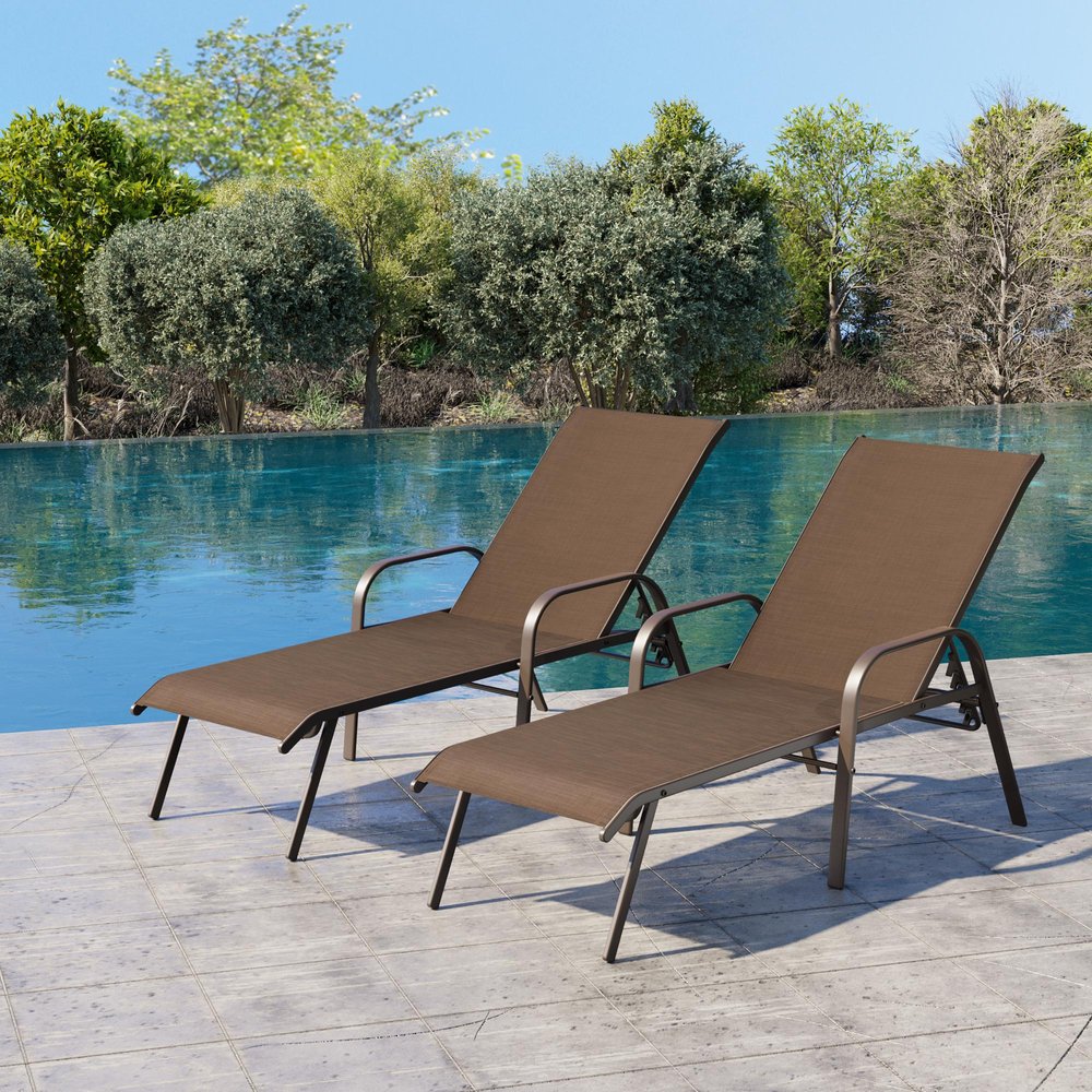 Set of Two Brown Steel Six Position Adjustable Sling Outdoor Chaise Lounges