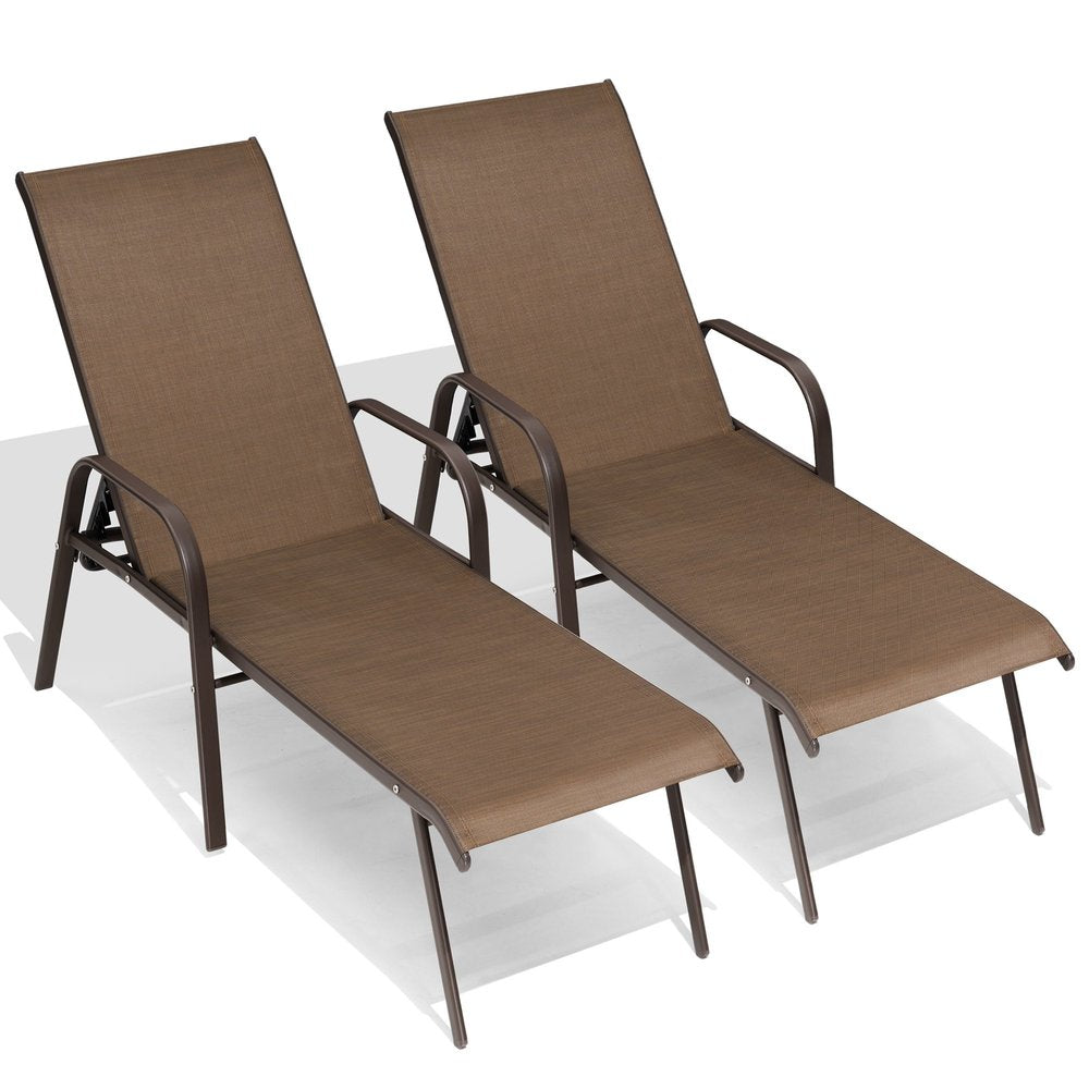 Set of Two Brown Steel Six Position Adjustable Sling Outdoor Chaise Lounges