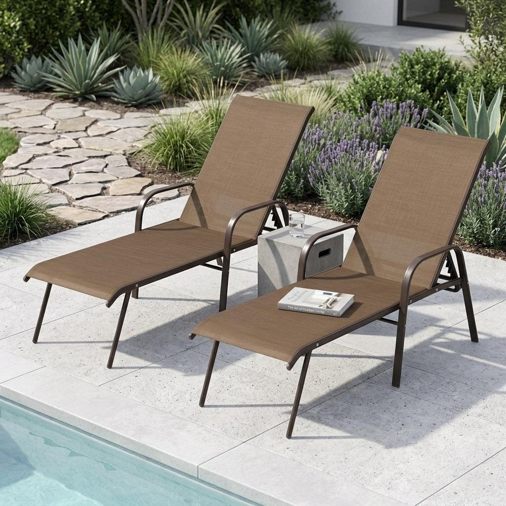 Set of Two Brown Steel Six Position Adjustable Sling Outdoor Chaise Lounges