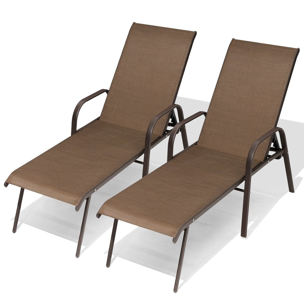 Set of Two Brown Steel Six Position Adjustable Sling Outdoor Chaise Lounges