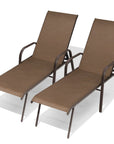 Set of Two Brown Steel Six Position Adjustable Sling Outdoor Chaise Lounges