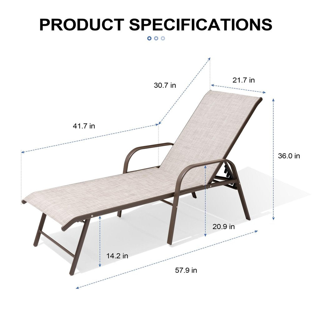 Set of Two Beige Aluminum Six Position Adjustable Sling Outdoor Stacking Chaise Lounges