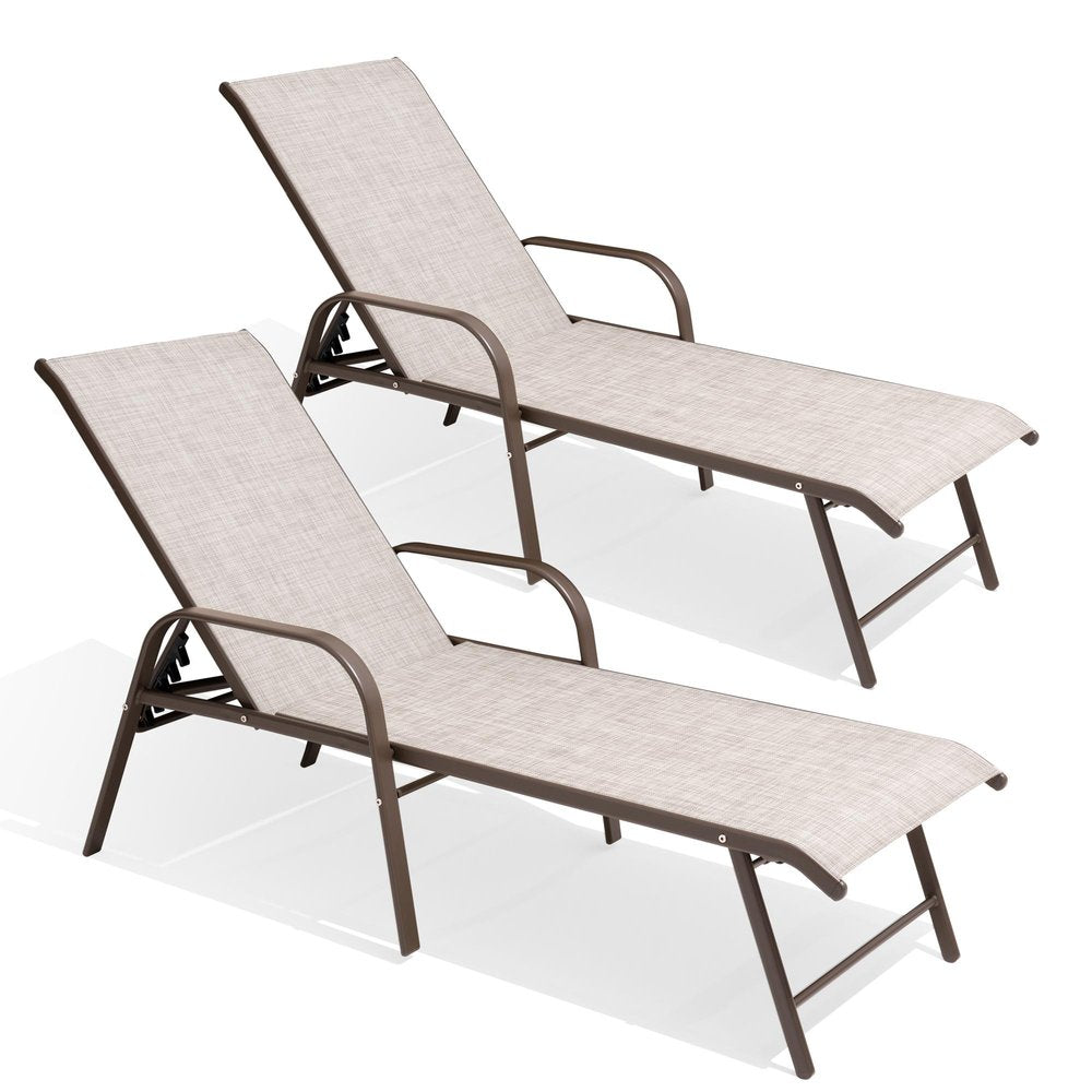 Set of Two Beige Aluminum Six Position Adjustable Sling Outdoor Stacking Chaise Lounges