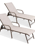 Set of Two Beige Aluminum Six Position Adjustable Sling Outdoor Stacking Chaise Lounges