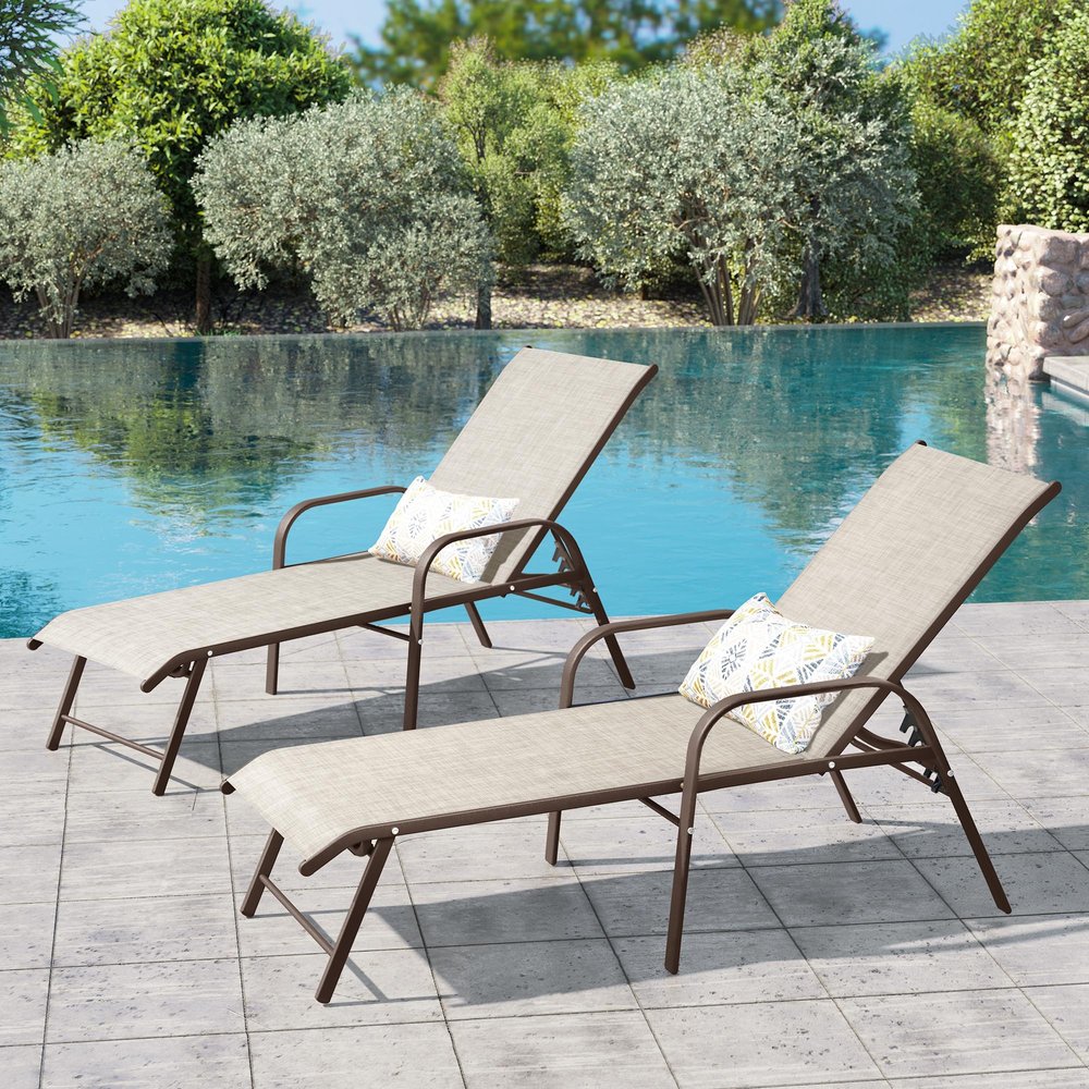 Set of Two Beige Aluminum Six Position Adjustable Sling Outdoor Stacking Chaise Lounges
