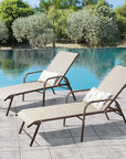 Set of Two Beige Aluminum Six Position Adjustable Sling Outdoor Stacking Chaise Lounges