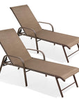 Set of Two Brown Aluminum Six Position Adjustable Sling Outdoor Stacking Chaise Lounges