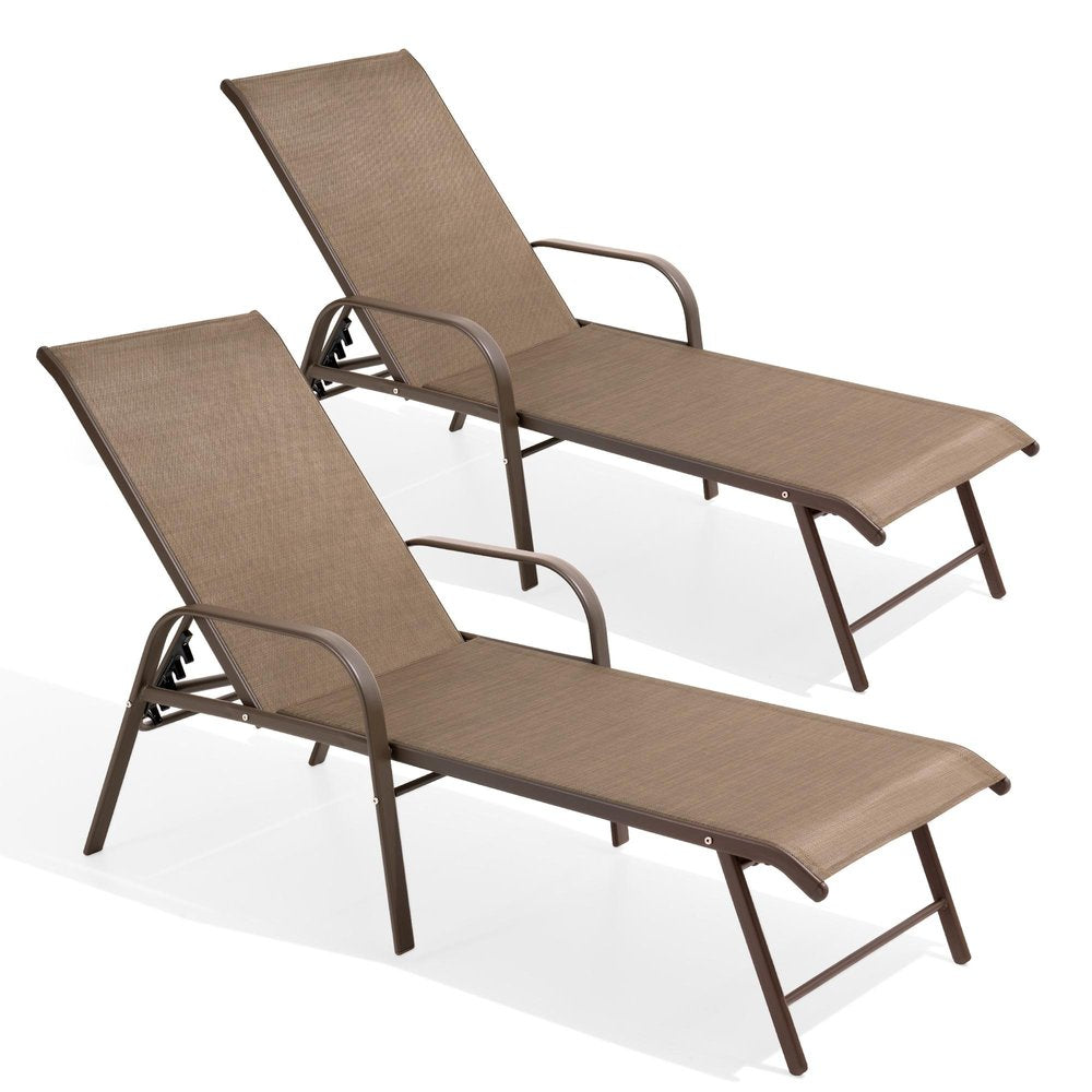 Set of Two Brown Aluminum Six Position Adjustable Sling Outdoor Stacking Chaise Lounges