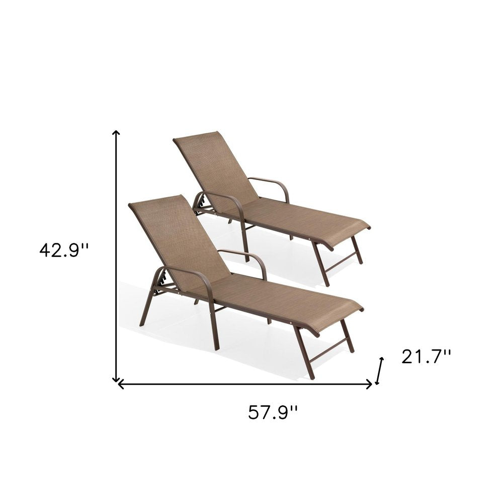 Set of Two Brown Aluminum Six Position Adjustable Sling Outdoor Stacking Chaise Lounges