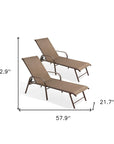 Set of Two Brown Aluminum Six Position Adjustable Sling Outdoor Stacking Chaise Lounges