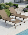 Set of Two Brown Aluminum Six Position Adjustable Sling Outdoor Stacking Chaise Lounges