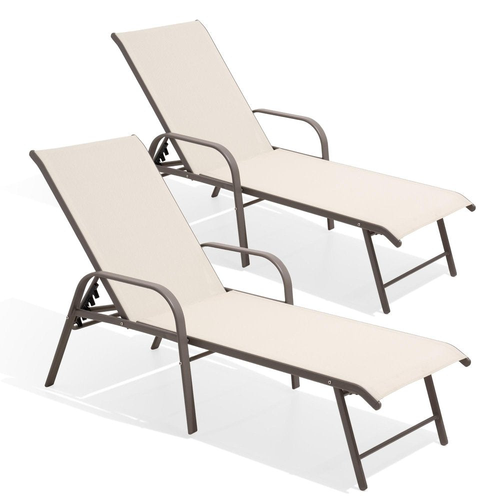 Set of Two Ivory Aluminum Six Position Adjustable Sling Outdoor Stacking Chaise Lounges