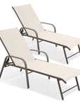 Set of Two Ivory Aluminum Six Position Adjustable Sling Outdoor Stacking Chaise Lounges
