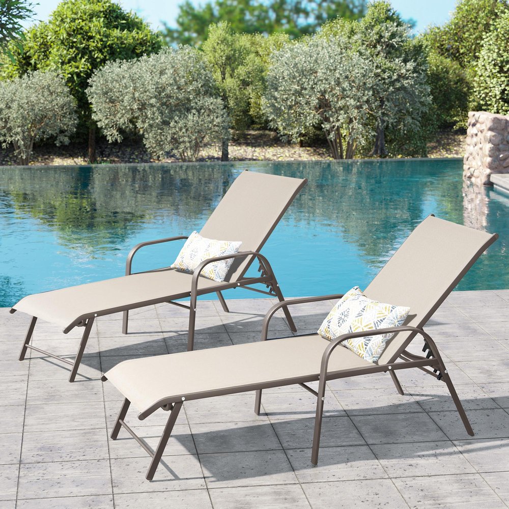 Set of Two Ivory Aluminum Six Position Adjustable Sling Outdoor Stacking Chaise Lounges