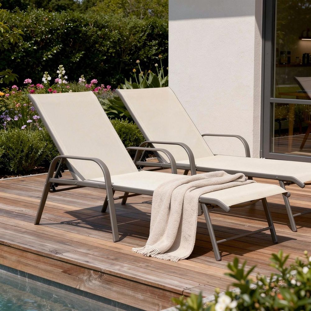 Set of Two Ivory Aluminum Six Position Adjustable Sling Outdoor Stacking Chaise Lounges