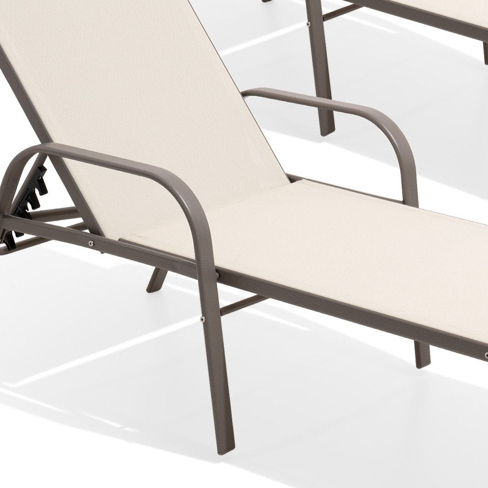 Set of Two Ivory Aluminum Six Position Adjustable Sling Outdoor Stacking Chaise Lounges