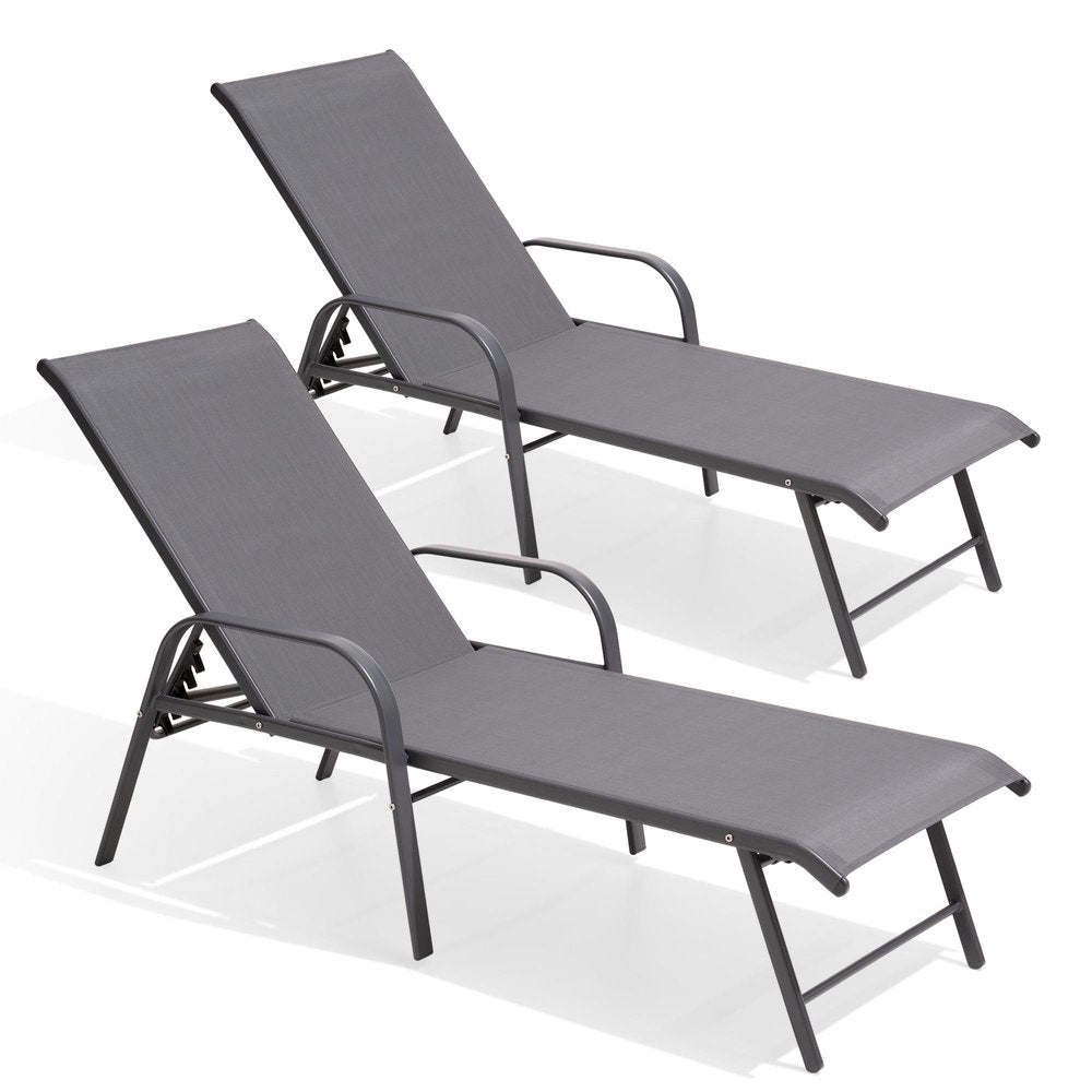 Set of Two Gray Aluminum Six Position Adjustable Outdoor Stacking Chaise Lounges
