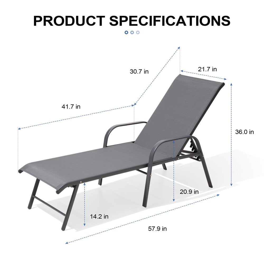 Set of Two Gray Aluminum Six Position Adjustable Outdoor Stacking Chaise Lounges