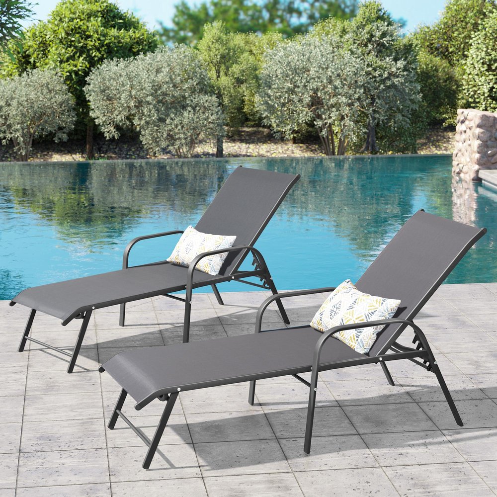 Set of Two Gray Aluminum Six Position Adjustable Outdoor Stacking Chaise Lounges