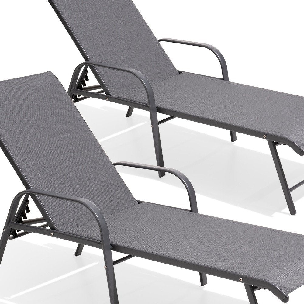 Set of Two Gray Aluminum Six Position Adjustable Outdoor Stacking Chaise Lounges
